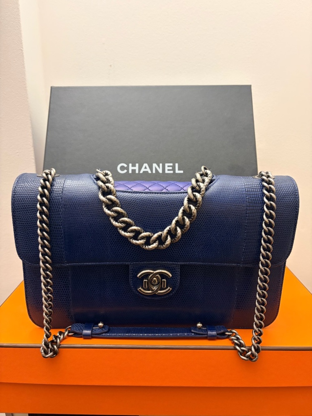 Chanel Navy Perfect Edge Flap Shoulder Bag with Silver Chain